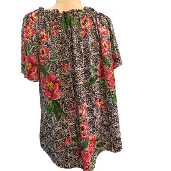 Talbots Floral Boho Peasant Tunic Top, Quatrefoil Short Sleeve, Plus Size 1X - Picture 2 of 3